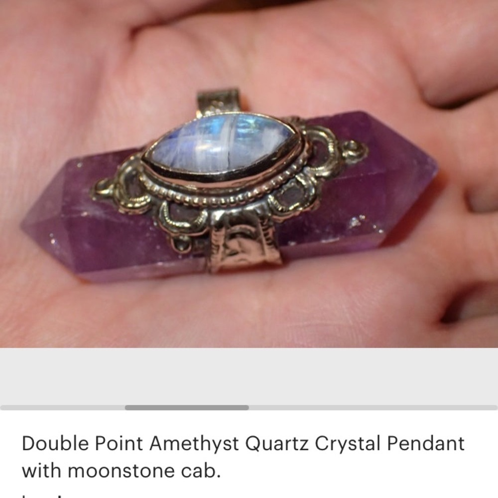 Vintage Amethyst and Moonstone double terminated point pendant, hippie, ethnic
